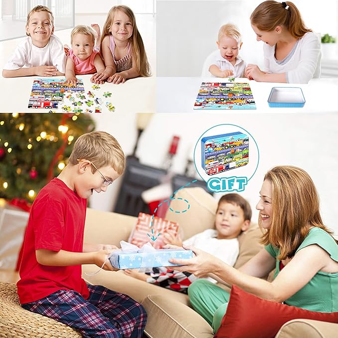 LELEMON 60 Pieces Puzzles for Kids Ages 4-8 Traffic Jam Puzzle for Boys Girls Transportation Vehicles Children Learning Educational Puzzles Portable Box Pack Toys