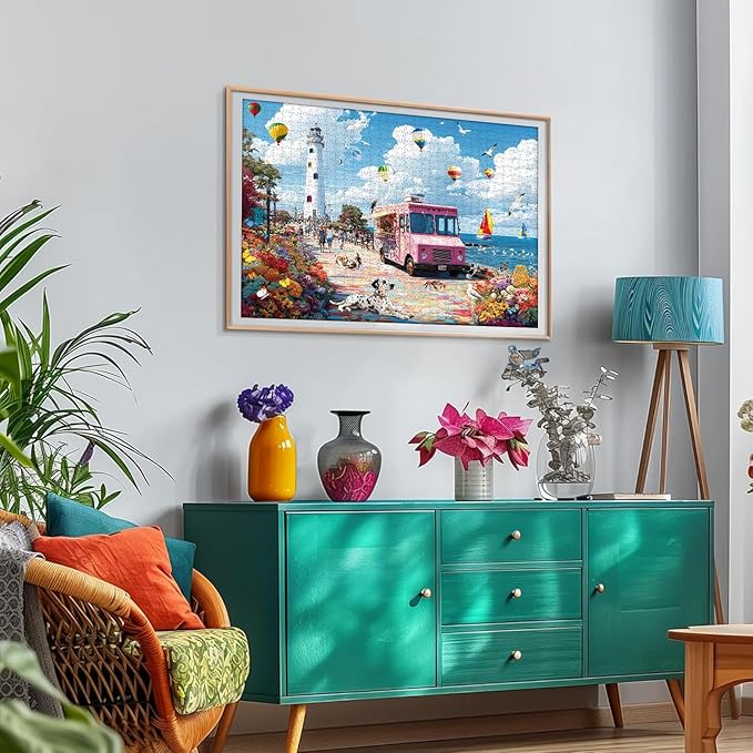 300 Piece Puzzles for Adults, Spring & Summer 300 Piece Puzzles for Adults Large Piece, Hot Air Balloon Ice Cream Truck Jigsaw Puzzle Gift for Adult Kids Family Games Toy, 20.5 X 15 in