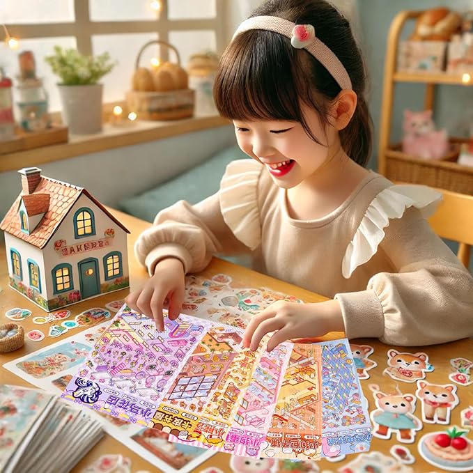 DIY 3D House Sticker, 6 Sets of Sticker Make Your Own Mini Shop Scenes Stickers for Kids Kawaii Cartoon Scene Stickers for Adult Relief Stress, Holiday & Christmas Fun