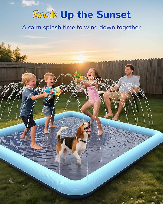 VISTOP Non-Slip Splash Pad for Kids and Dog, Thicken Sprinkler Pool Summer Outdoor Water Toys - Fun Backyard Fountain Play Mat for Baby Girls Boys Children or Pet Dog (67 * 67 inch, Blue&Blue)
