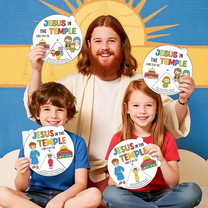COcnny Easer Religious Coloring Craft- 24 Sets Color Your Own Christian Art Craft DIY Spining Cards for Kids, Jesus in the Temple Paper Craft Art for Sunday School Home Class Bible VBS Activities