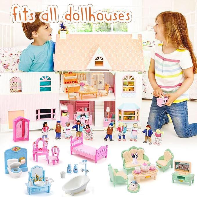 HAPGFS 45 Pcs Dollhouse Furniture Set Accessories Pretend Play Bedroom Living Room Bathroom Kitchen Doll House Mini Furniture for Kids Birthday and Christmas 4 Colors