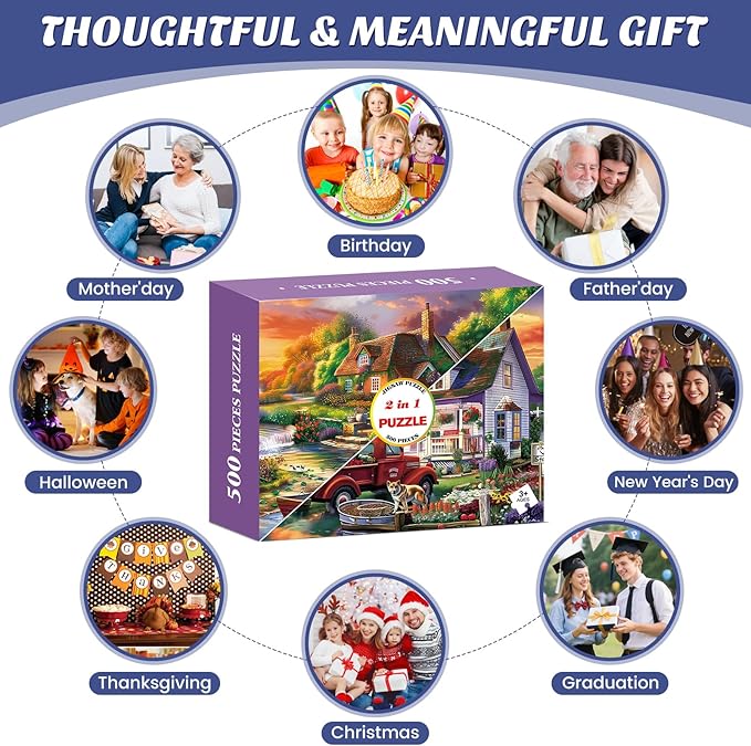 2 Pack 500 Piece Puzzle for Adults, Cottage Farmhouse Jigsaw Puzzle for Adults Teens,Large Piece Puzzle, Glossy & Sturdy Pieces,Challenging Family Game Great Gift,20.5x15 in