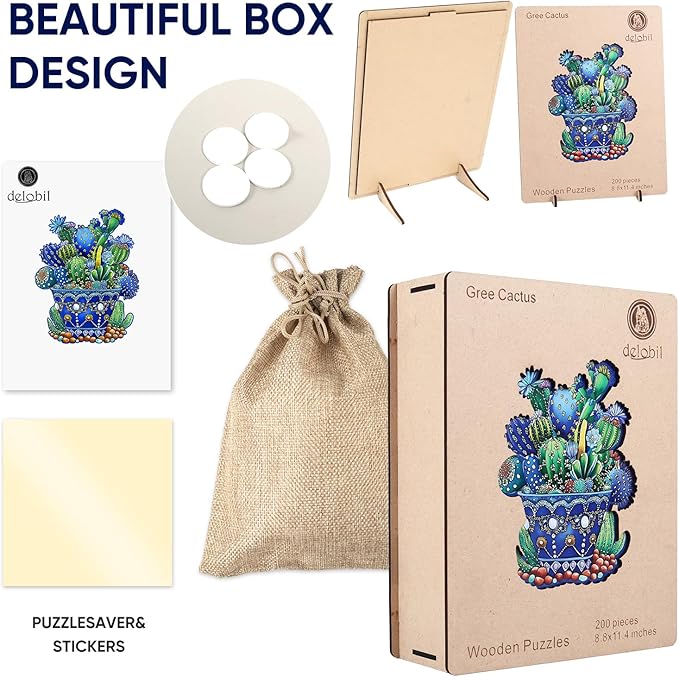 Delobil Puzzles for Adults, 200 Pieces Cactus Jigsaw Puzzles, Unique Shaped Flowers Wooden Puzzles for Adults and Kids, Family Game for Plant Lovers, 8.8 x 11.4 Inches