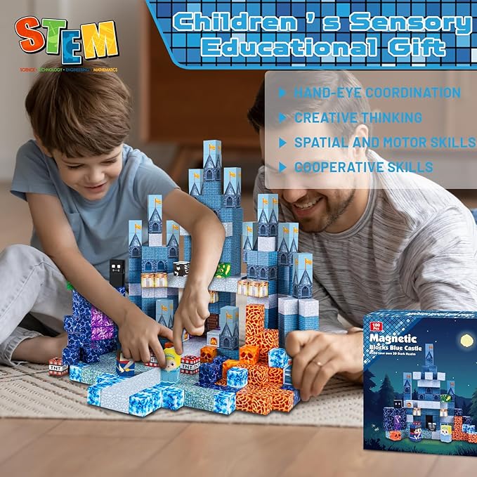 100PCS Magnetic Blocks - Magnet Building Blocks, Stacking Magents Cubes Toys Blue Castle Set, STEM Montessori Sensory Toys for Kids Boys and Girls Ages 3 4 5 6 7 8 9 10 Easter Birthday Gifts