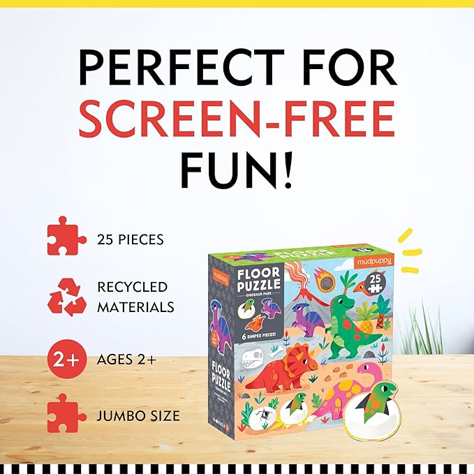 Mudpuppy’s Dinosaur Park 25 Piece Floor Puzzle, Features 25 Colorful, Oversized Pieces, Includes 6 Special Shaped Pieces of Your Favorite Dinos, Perfect for Kids Ages 2+, Great Gift Idea!