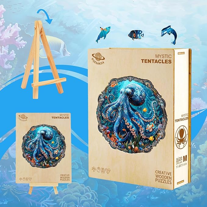 Wooden Puzzles for Adults, Mystic Tentacles Wooden Jigsaw Puzzle, Wood Puzzles Adult, Unique Shaped Octopus Puzzle for Adults, Fun Gifts & Home Decor (M-11.4 * 11.4in - 200 pcs)
