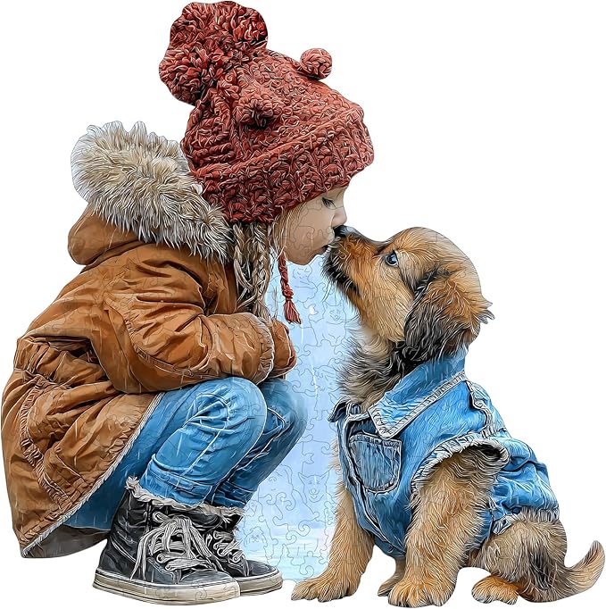 MEATRN Wooden Puzzles for Adults - Little Girl Kissing Puppy, 216 Pcs, 11.4x11.4 in, Cute Animal Wood Jigsaw Puzzle, Heartwarming Parent-Child Game, Birthday Gift for Kids Home Décor