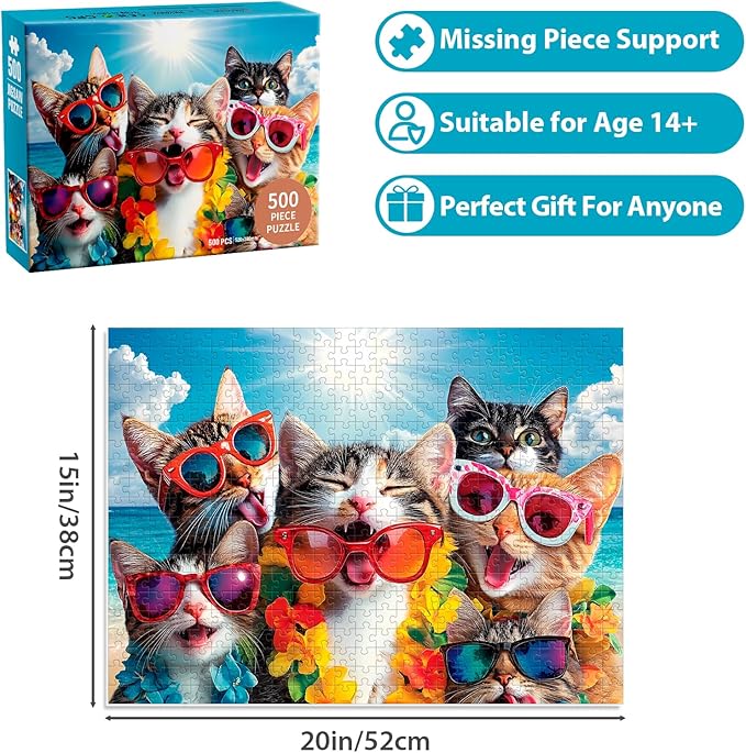 500 Pieces Puzzle for Adults, Summer Cat Beach Jigsaw Puzzle for Adults Teens, Recycled Cardboard Puzzles 500 Pieces for Seniors, Challenging Puzzles Game Gift for Family Fun, 20.5 x 15 in