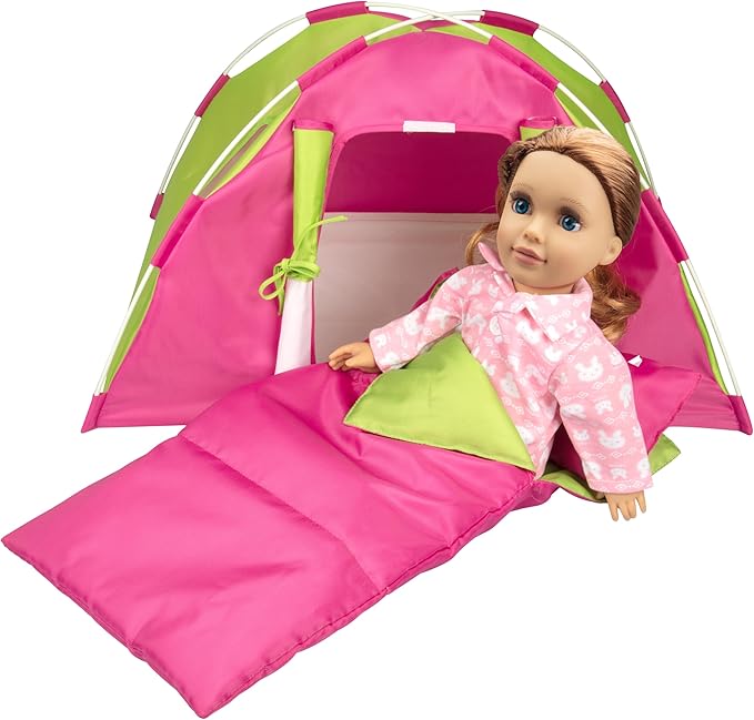 Dress Along Dolly Doll Camping Bed Tent w Sleeping Bag & Pillow - Premium Handmade Furniture Accessories for 18" Dolls - Large Sized -23"x 15"x14"