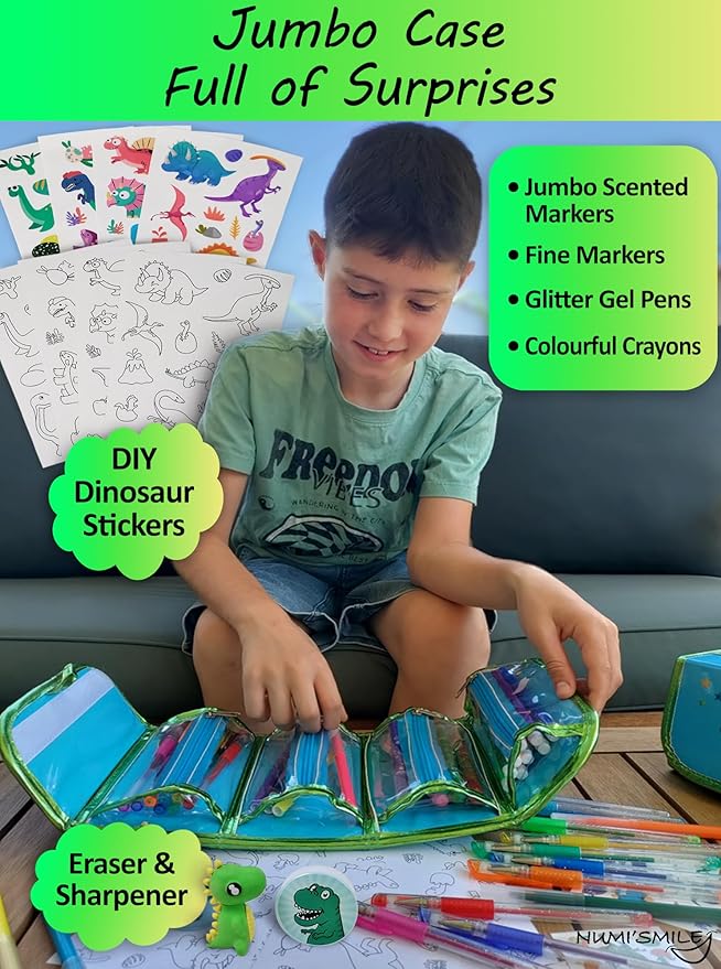 NUMI'SMILE Dinosaur Pencil Case with Fruit Scented Markers Art Set, Dinosaur Gifts for Boys Ages 3 4 5 6 7 8 9 Years and Up, Dinosaur Toys, Dino Coloring Art Supplies, Birthday Boy Present & Kids