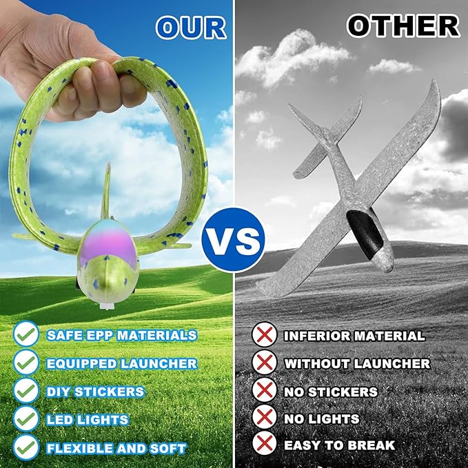 3 Pack Airplane Launcher Toy, 12.6" Foam 2 Flight Mode Led Plane Catapult Boy Toys with 3 DIY Stickers, Outdoor Flying Toys for Kids Gifts for 4 5 6 7 8 9 10 12 Year Old Boys Girls