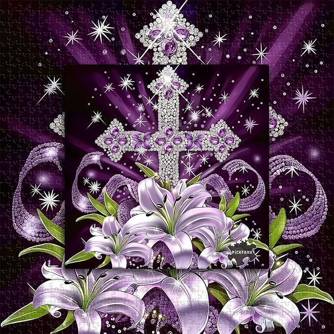 Cross Flowers Puzzle for Adults 1000 Pieces, Christian Easter Puzzles Purple Lilies, Religious Faith Jigsaw Puzzle Floral Art, Easter Catholic Wall Decor