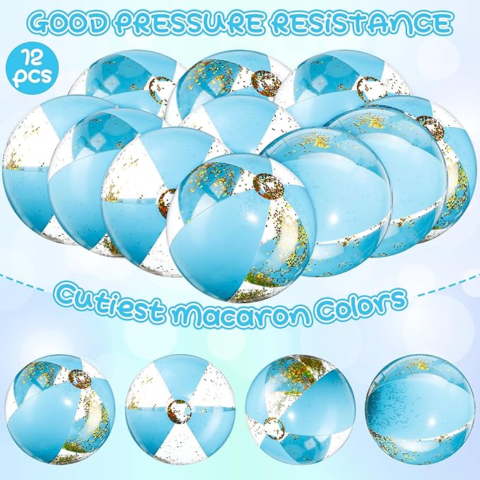 12 Pcs 16 Inch Inflatable Beach Balls Bulk Jumbo Pastel Inflatable Decorated Ball with Macaron Color PVC Party Ornaments for Summer Birthday Party Decoration (Blue)