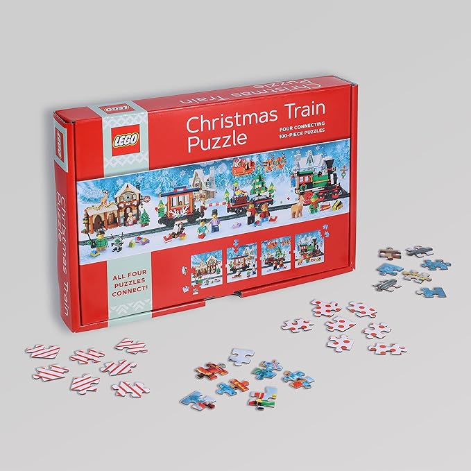 Lego Christmas Train Puzzle | Four Connecting 100-Piece Jigsaw Puzzles