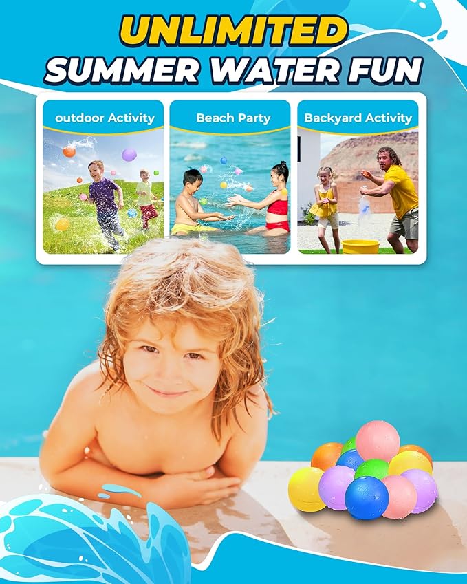 Reusable Water Balloons 18Pcs - Quick Fill Water Balls Toys For Toddler Age 4-8 - Refillable Magnetic Self-Sealing Water Splash Bomb For Summer Party Pool Outdoor Beach Toys for kids Age 8-12