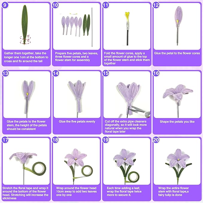 LINAYE 500 PCS Pipe Cleaners Craft, 6 Colors Pipe Cleaners Flowers Kit, Chenille Stems for Crafts with Instruction Wrapping Paper, Flower Stamens, Stems Art and Craft Supplies Purple