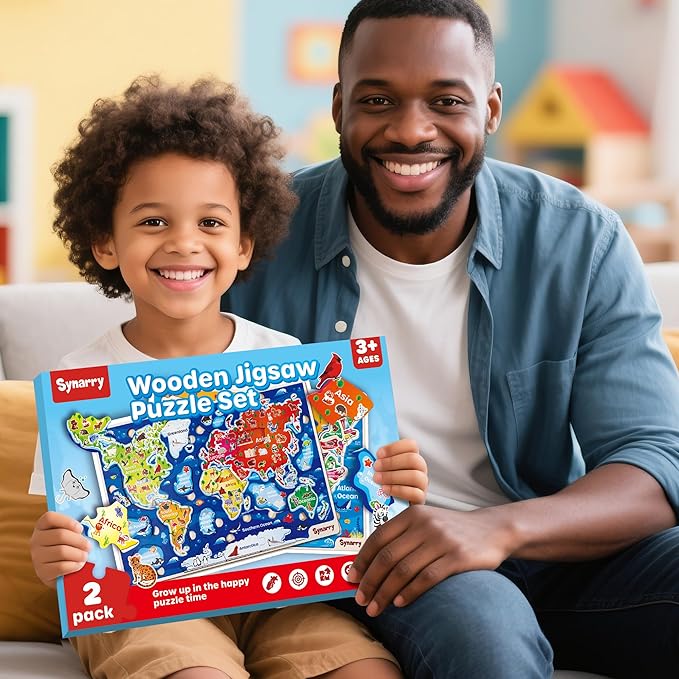 SYNARRY Large USA World Wooden Puzzles for Kids Ages 4-6, Learning United States World Maps Puzzles for Kids Ages 6-8, Wood Jigsaw Puzzles Educational Games Toys for Boys Girls Ages 3-8, Easter Gifts