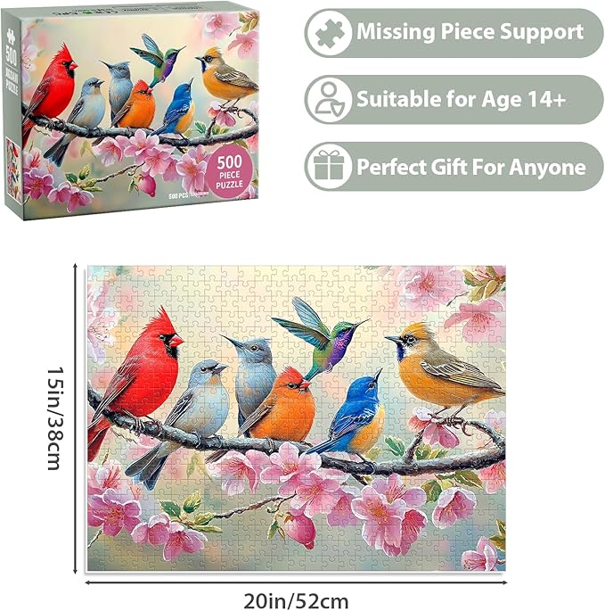 500 Pieces Puzzle for Adults, Birds Jigsaw Puzzle 500 Pieces for Adults Teens, Recycled Cardboard Hummingbird Flowers Puzzle 500 Piece, Challenging Game for Family Fun & Gift Idea, 20.5 x 15 in