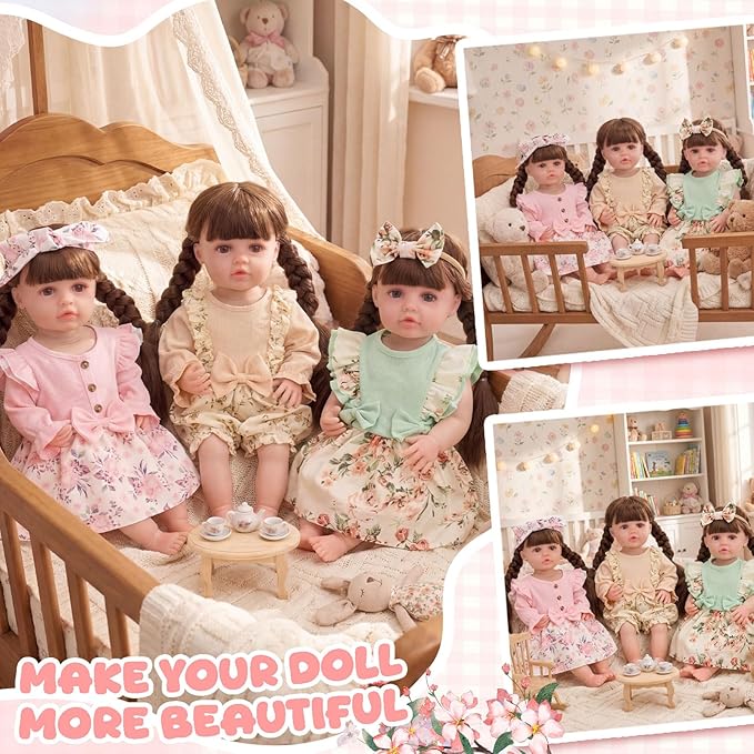 3 Set 20 Inch Reborn Baby Doll Clothes Colorful Floral Baby Doll Clothes Printed Dress Accessories with Headband Bulk for Girl Get Dressed, Including Light Green, Khaki, Pink