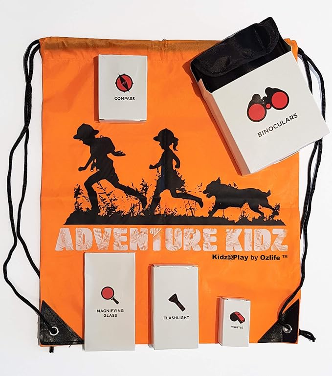 Adventure Kidz - Outdoor Exploration Kit, Childrenās Toy Binoculars, Flashlight, Compass, Whistle, Magnifying Glass, Backpack. Great Kids Gift Set for Camping, Hiking, Educational and Pretend Play.