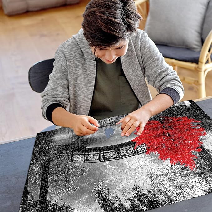 najiaxiaowu Adult Puzzle Classic Jigsaw Puzzle 1000 Pieces Wooden Puzzle DIY Black and White Bridge and Red Tree Modern Home Decor Intellectual Game Wall Art Unique Gift 75x50cm