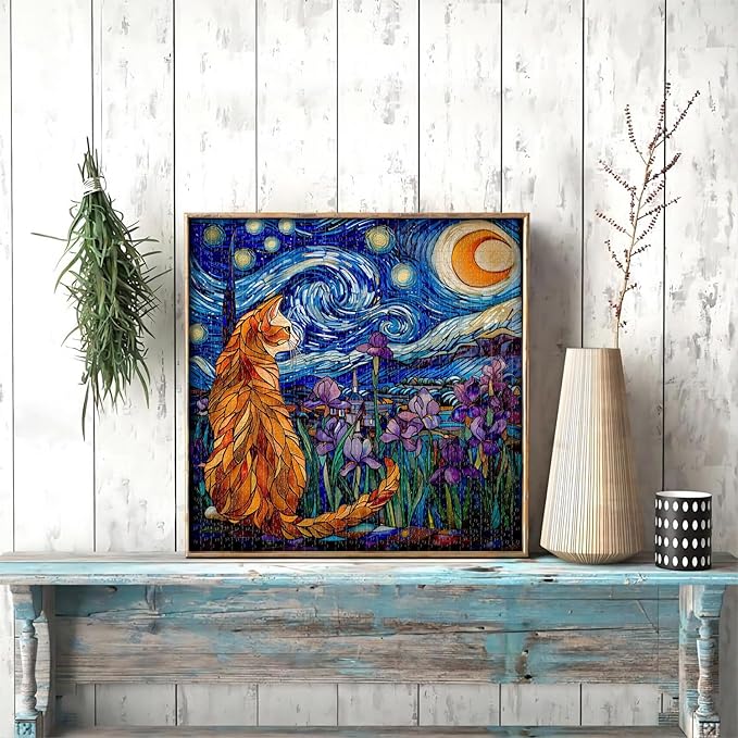 PICKFORU Stained Glass Puzzles: 1000 Pieces, Adults' Cat Lovers' Jigsaw Puzzle - Purple Iris Flowers, Starry Night, Moonlit Cat Flower
