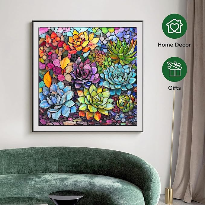 Delobi Stained Glass Puzzles for Adults 500 Pieces Succulent Wooden Puzzles, Unique Challenging Jigsaw Puzzles Gift for Friends Family Game Medium Size 15.9'' x15.9''