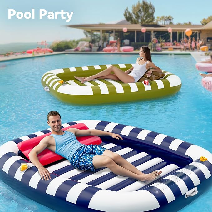 Pool Wave Inflatable Pool Lounger Floats, 80" x 66" Large Tanning Bed for Adult Kids, Outdoor Sun Bathing Floating Blow up Raft W/Pillow, Spray Water Mat, Summer Beach Lake Family Party Gift - Green