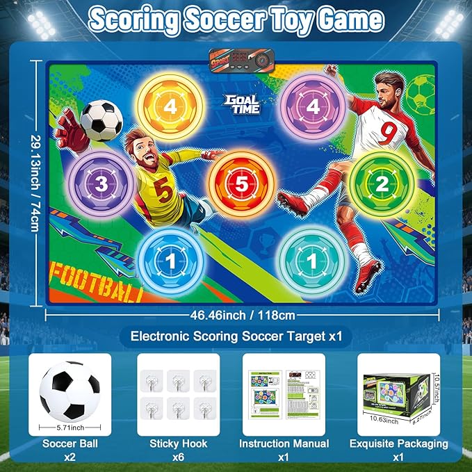 Electronic Scoring Soccer Toy Game Mat Set for Kids, Indoor Outdoor Toss Soccer Target Game with Real-Time Score, 2 Soft Soccer & Goal, Birthday Gifts for 3-5/6-8/8-12 Years Old Boys Girls