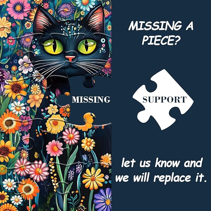 Cat Jigsaw Puzzle for Adults 1000 Pieces, Black Cat Garden Flowers Plants, Kitten Animal Themed Puzzle, Challenging for Adults Kitty