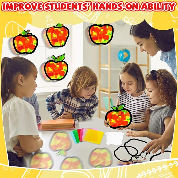 QOUBAI 32 Sets Back to School Apple Suncatchers Craft Kit DIY Window Stained Glass Effect Fall Apples Paper Craft for Home School Classroom Decor Kid Birthday Gifts Creative Art Projects Activity Game