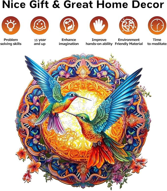 Jigfoxy Wooden Puzzles for Adults, Hummingbird Wooden Jigsaw Puzzles, Unique Animal Shape Puzzles, Christmas Thanksgiving Gifts for Family Friend(L-13.8 * 13.8in-300psc)