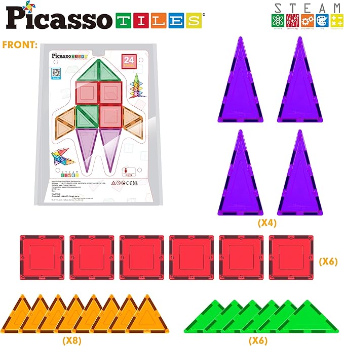 PicassoTiles Magnet Tile Building Block Set Magnetic Construction Square Triangle Tiles Toy Kit Sparking Creativity Geometric Shapes STEM Educational Learning Brain Development Kids Ages 3+ PB24