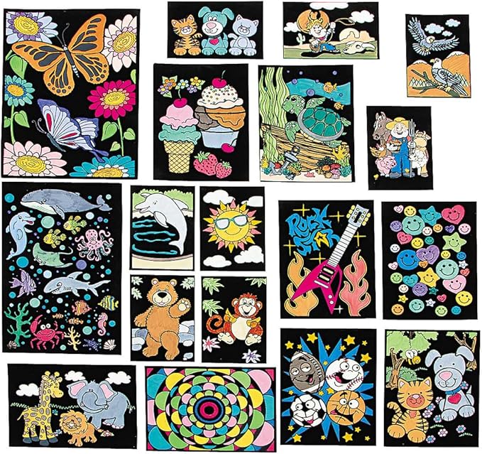 Fun Express Color Your Own Fuzzy Poster Assortment - Creative Craft Kit for Kids Ideal for Art Projects Birthday Parties Home Activities Fun Decorations & Creative Play - 24 Pieces