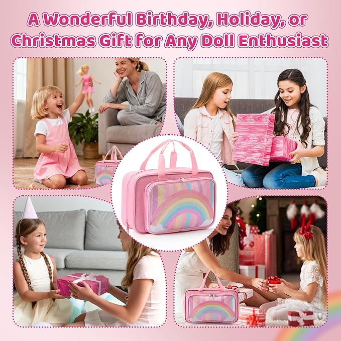 Carrying Case Compatible with Barbie Dolls 12-Inch, Storage Organizer Holder with Handle for up to 6 Dolls, Multiple Pockets for Clothes & Accessories,Travel Portable Storage Bag,Pink
