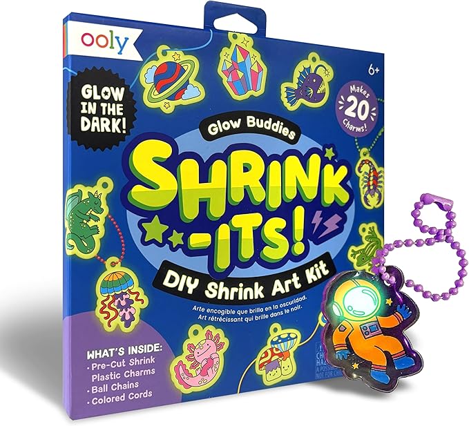 Ooly 28 PC DIY Shrinking Art Kit for Kids, 20 Glow in the Dark Plastic Pre Cut Charms and More, No Mess Creative Activity Jewelry Making Kit - Glow Buddies