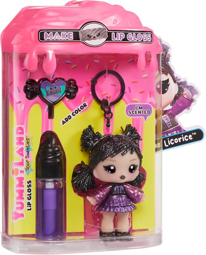 Yummiland Lip Gloss Doll: Sour Sweeties - Blake Licorice Includes DIY Lip Gloss + Removable Keychain, Cosmetic Play, Collectible, Ages 4+