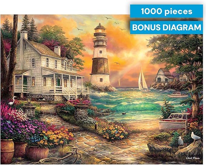 Buffalo Games - Chuck Pinson - Cottage by the Sea - 1000 Piece Puzzle for Adults, Serene Lighthouse Jigsaw with Poster, Premium Scenic Puzzle for Game Nights