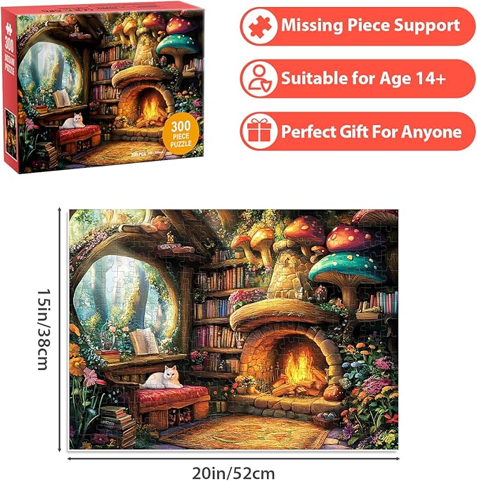 300 Pieces Puzzle for Adults | Mushroom Cat Flower Puzzle Recycled Cardboard Large Piece Jigsaw Puzzles 300 Pieces | Challenging Puzzles Game Home Decor Party Gift for Adult Kids Seniors 20.5*15 inch