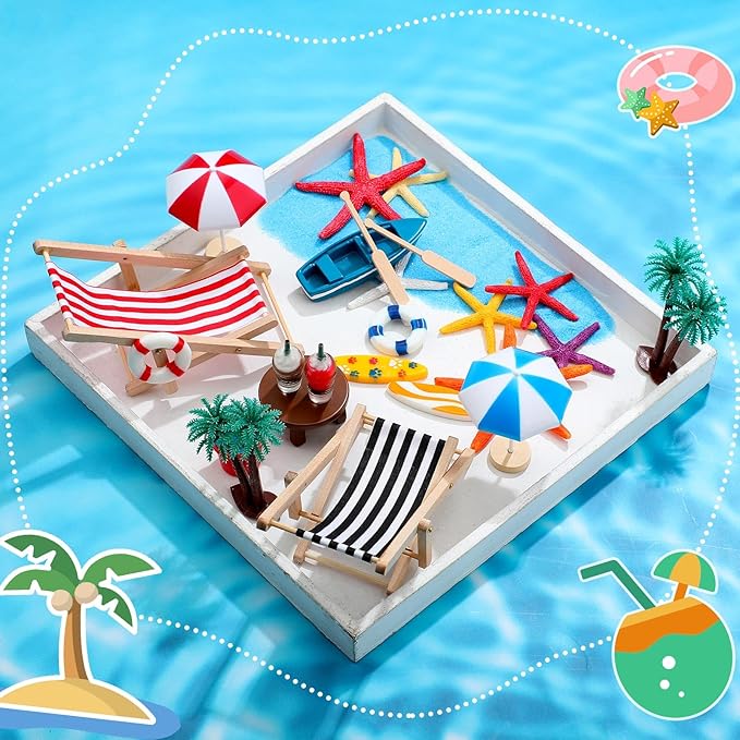 Minatee 25 Pcs Beach Miniature Dollhouse Decoration, Umbrella Palm Chair Miniature Toys Garden Dollhouse Outdoor Accessories Beach Decorations for DIY Garden Plant Pool(Red, Black)