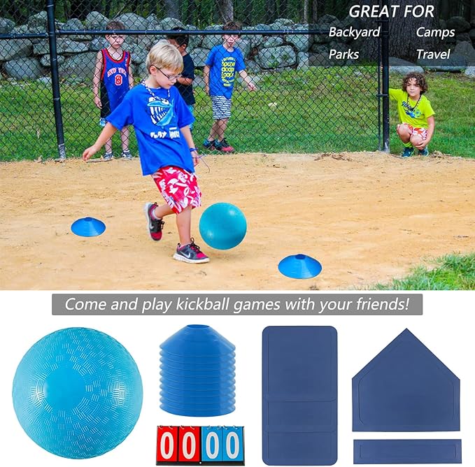 Kickball Set with Bases and Ball - 8.5" Kickball, Rubber Throw Down Bases, Sports Traning Cones, 12" Pump and 14" Scoreboard - Perfect for Kids and Adults - Playground and Backyard Game
