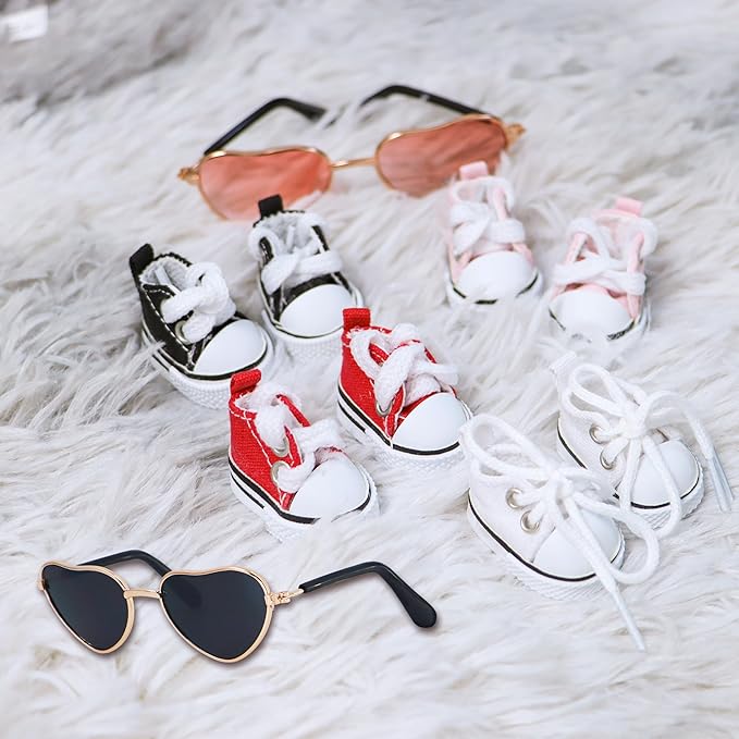 Suitable for 17cm Doll Clothing Accessories Set, Lace-up Canvas Shoes with Glasses, Clothing Accessories (Red)