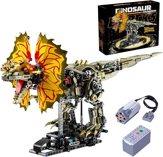 Mechanical Dilophosaurus Building Blocks Set–Collectible Dino Model with Movable Joints, Textured Armor & Motor, Premium Set with Display Stand, Perfect Hobby Gift for Adults & Teens