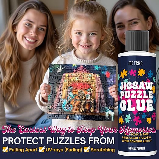 Jigsaw Puzzle Glue Clear (2 Pack), Puzzle Glue with Two Applicators, Easily Preserves Finished Puzzles, Quick-Drying & Water-Soluble for Adults, for 3000/4500/5000 Pieces