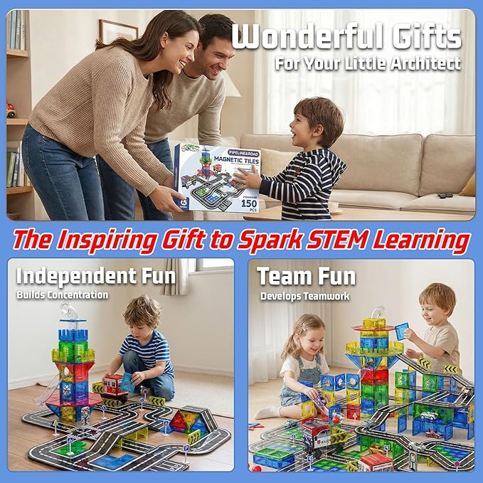 150PCS Magnetic Tiles Road Set with Marble Run, Preschool Magnet Tiles Included Magnetic Cars. STEM Magnetic Tiles for Kids, Preschool Educational Building Toys for Boys & Girls