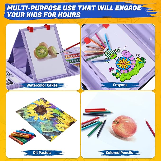 All in One Art Supplies, Art Kit Includes Origami & Paper-Cutting Crafts, Easel, Colored Pencils, Crayons, Drawing Book, Coloring Book, Watercolor Markers and More, Art Set for Kids Girls Boys, Purple