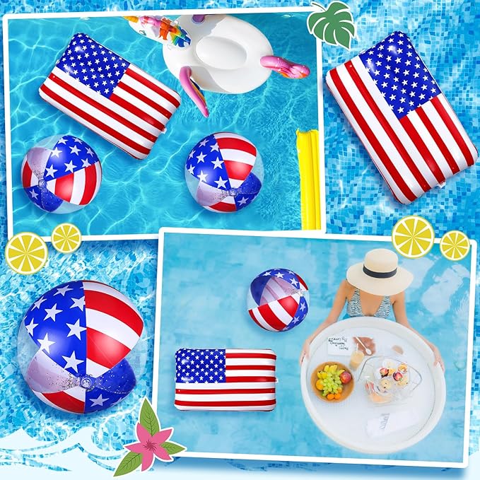 5 Pcs Inflatable 4th of July Pool Float USA 250th Anniversary American Flag Star Beach Balls Large 20'' Red White and Blue Inflatable Balls Independence Day Patriotic Decoration for Summer Pool