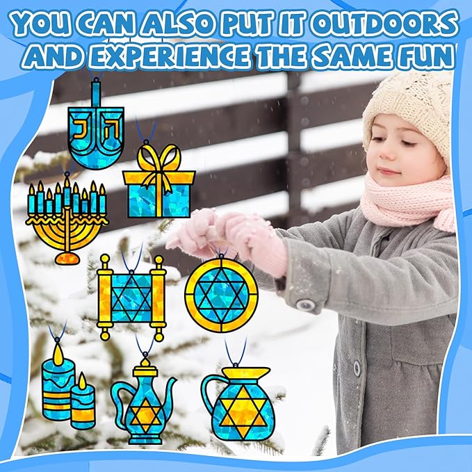 QOUBAI 32 Sets Hanukkah Suncatchers Craft Kit DIY Window Stained Glass Effect Chanukkah Paper Crafts for Home School Classroom Decoration Kid Birthday Gift Creative Art Project Activity Game