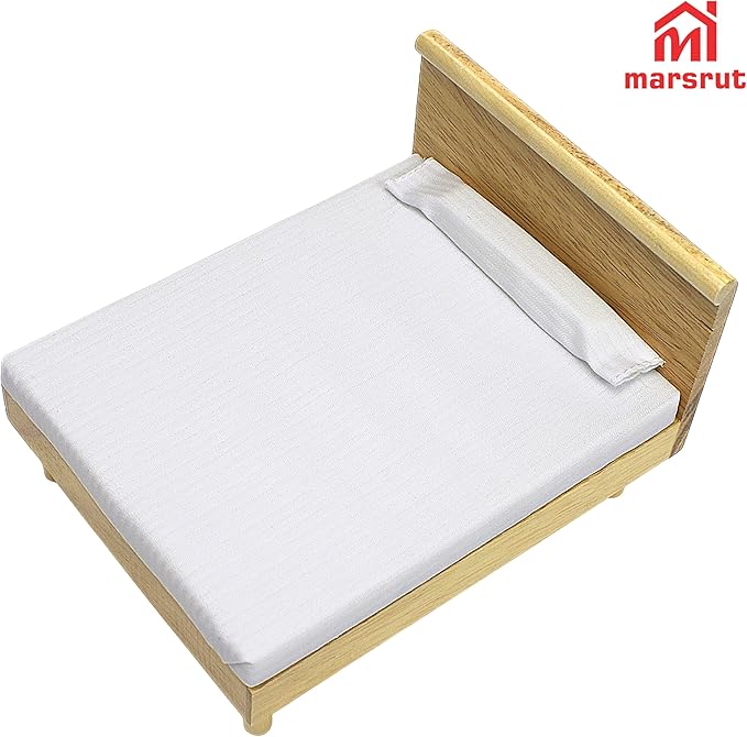 Doll House Bed Miniature 1:12 Dollhouse Bedroom Furniture for 6 Inch Dolls Wooden Single Beds with Bedding Fabric, 1/12 Scale Vintage Victorian Mini Accessory DIY Scene Decoration Home Props Modern